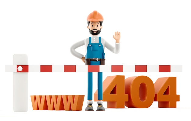 Фото Концепция обслуживания веб-сайта. строитель мультипликационный персонаж, забавный рабочий или инженер со знаком 404, 3d иллюстрации.