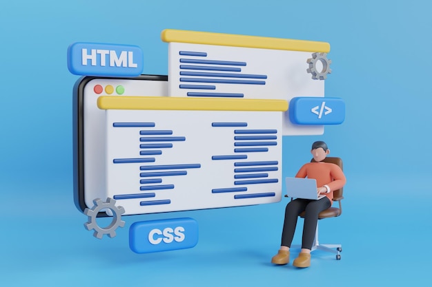 ウェブサイトのプログラミングとコーディング。 Web 開発とコーディング。 Web 開発の 3 D イラストレーション、