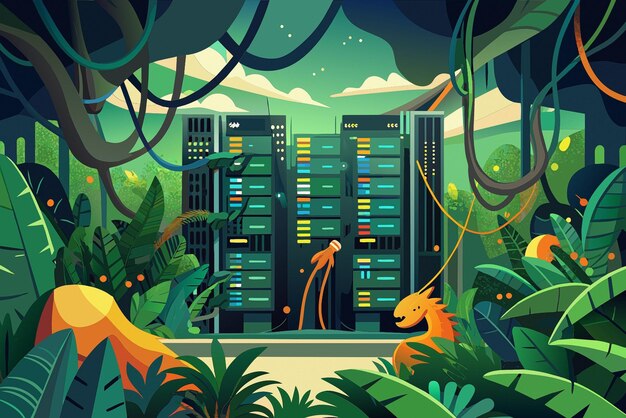 Photo a website server room depicted as a jungle with data vines strangling the website servers