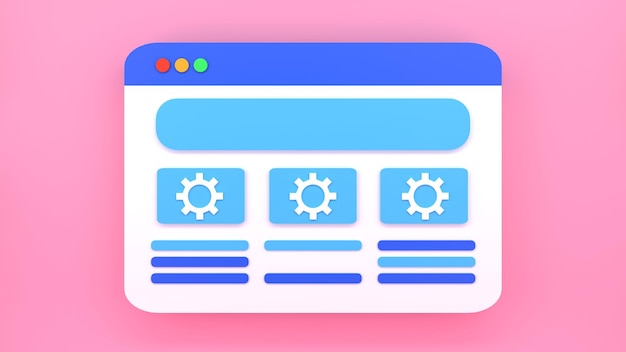 写真 ウェブサイト設定のコンセプト。ギア付きのインターネット ページ。 3 d レンダリング図