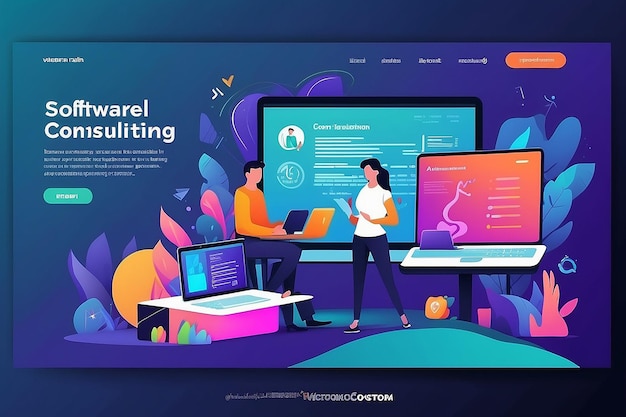 Photo website template software webinar online education personnel training consulting vector illustration