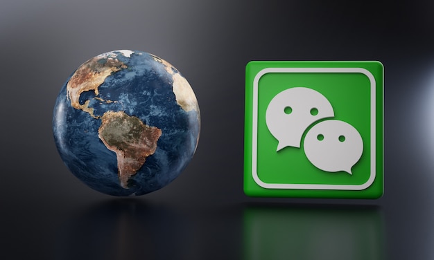 Photo wechat logo beside earth 3d rendering.