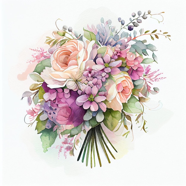 Weddding bouquet of peonies watercolor illustration on white