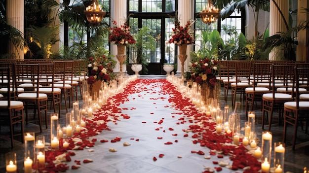 Wedding aisle decor lining the wedding aisle with flower petals candles lanterns AI generated