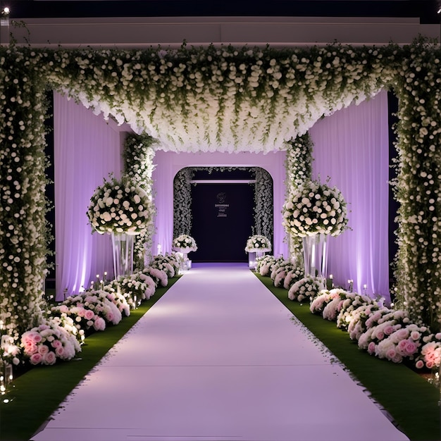 A wedding aisle decorated with white flowers and greenery