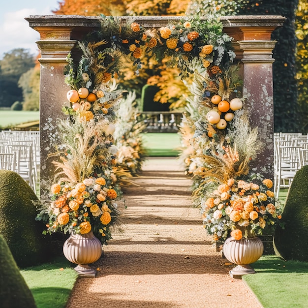 Wedding aisle floral decor and marriage ceremony autumnal flowers and decoration in the English countryside garden autumn country style idea