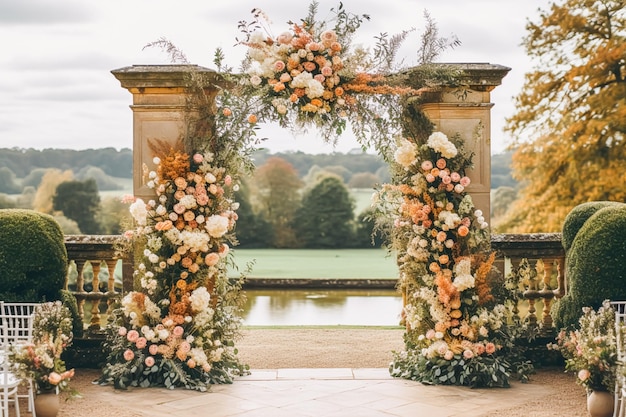 結婚式の通路の花の装飾と結婚式の英国の田舎の庭の秋の花と装飾秋のカントリー スタイルのアイデア