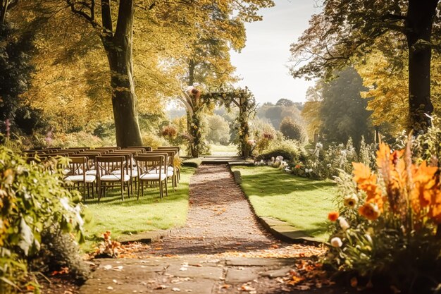 Wedding aisle floral decor and marriage ceremony autumnal flowers and decoration in the English countryside garden autumn country style idea
