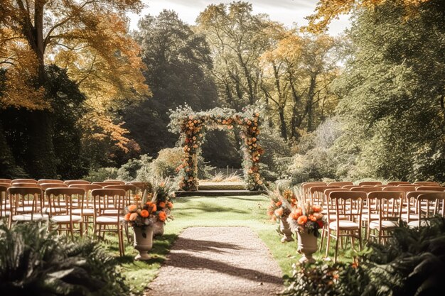 Photo wedding aisle floral decor and marriage ceremony autumnal flowers and decoration in the english countryside garden autumn country style idea