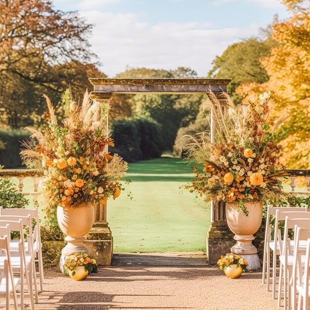 Wedding aisle floral decor and marriage ceremony autumnal flowers and decoration in the English countryside garden autumn country style