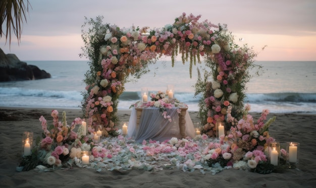 A wedding altar on the beach with a table covered in flowers and candles.