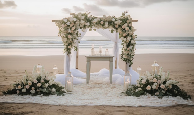 A wedding altar on a beach with white flowers and candles