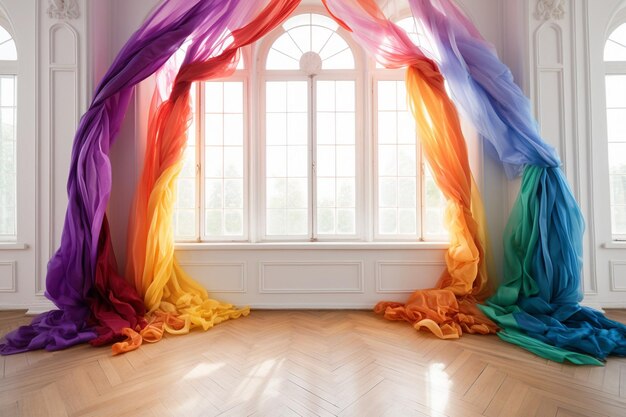 Wedding altar made of colorful spearworts and white curtain