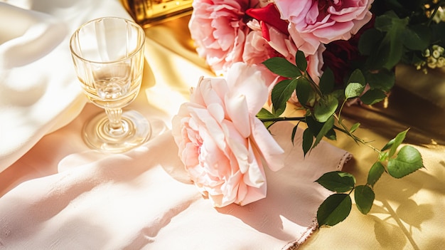 写真 結婚式のテーブルは花で飾られていて花とワインで飾られており 花のテーブルの装飾   花のテープの装飾  お風呂の装飾...