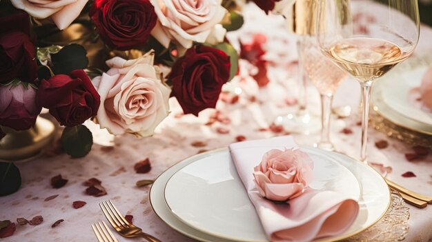 Фото Свадебный и праздничный стол с цветами формальный обеденный стол с розами и вином элегантный цветочный декор стола для вечеринки и праздничного украшения домашнего стиля