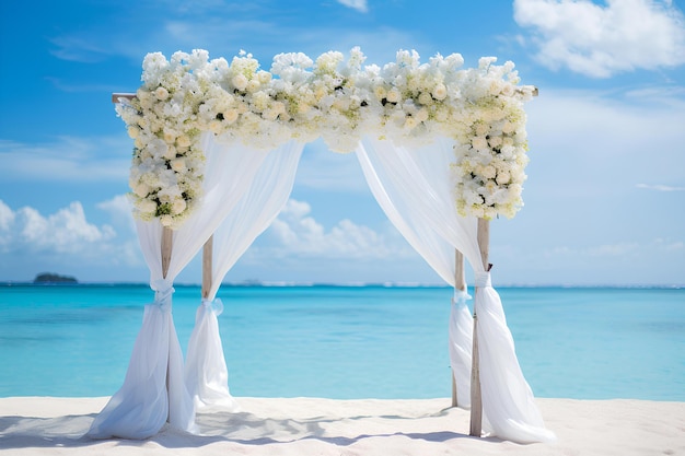 A wedding arch on the beach decorated with white flowers