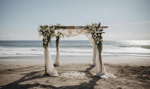 A wedding arch on the beach with a beach in the background