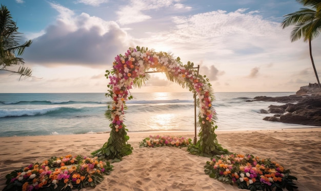 A wedding arch on a beach with a sunset in the background