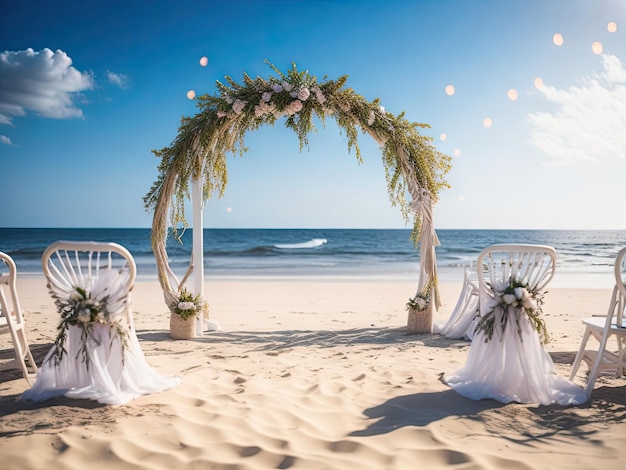 Wedding arch and chairs without people on the beach ai generative