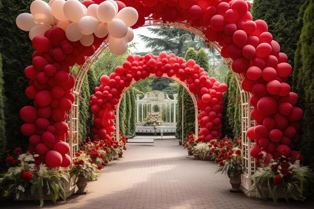 Wedding arch decorated with balloons in the style of light crimson and white