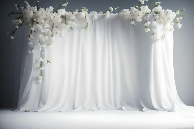 Wedding arch decorated with flowers on curtain fabric background AI Generated