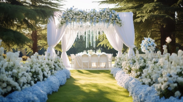 wedding arch decorated with white flowers and green grass on background