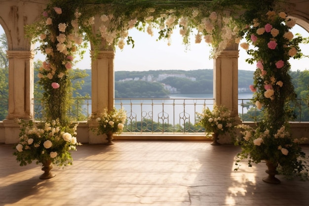 wedding arch decorated with white flowers and greenery in a restaurant