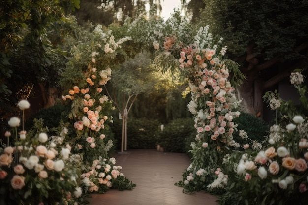 Wedding arch surrounded by blooming flowers and greenery