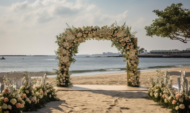 A wedding arch with flowers on the beach