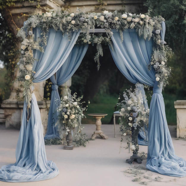 A wedding arch with flowers and a blue curtain