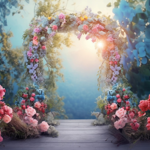 wedding arch with flowers on blurred background