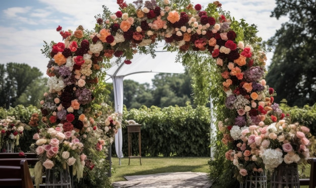 花が飾られた結婚式のアーチ