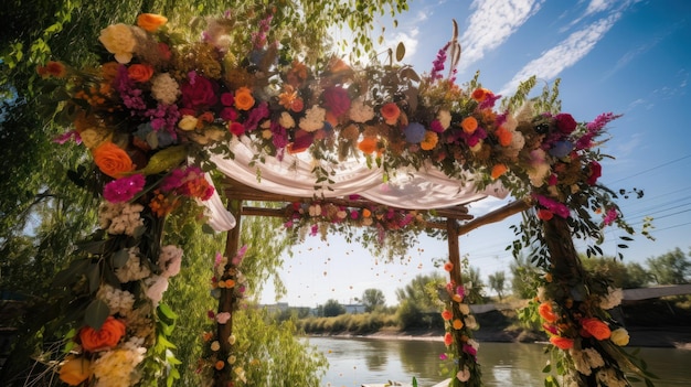 A wedding arch with flowers on it