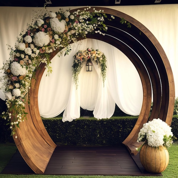 Свадебная арка со свежими цветами красивый фон генеративный AI