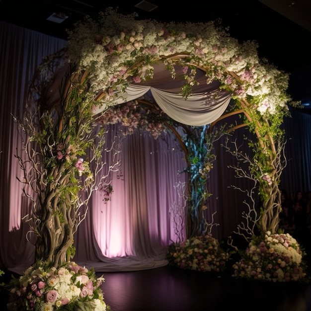 Wedding arch with fresh flower beautiful background generative AI