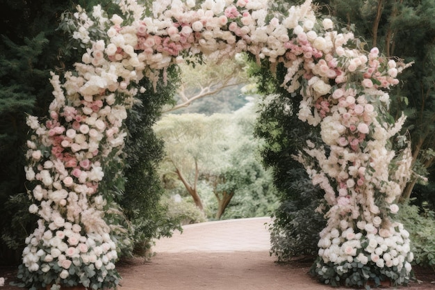 Wedding Arch With Pink and White Flowers Elegant Outdoor Ceremony Decoration An intimate garden wedding beneath a floral archway AI Generated