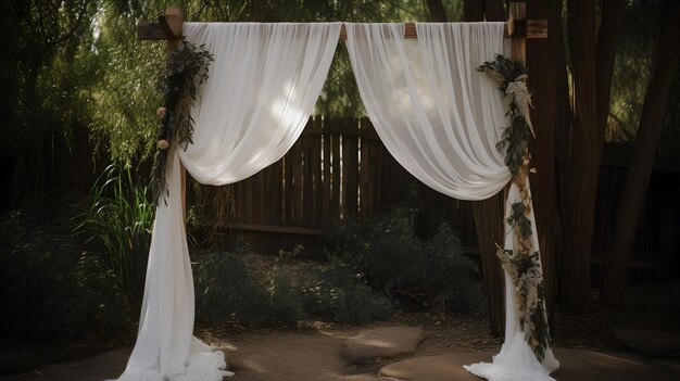 Свадебная арка с белыми драпировками и цветочным орнаментом