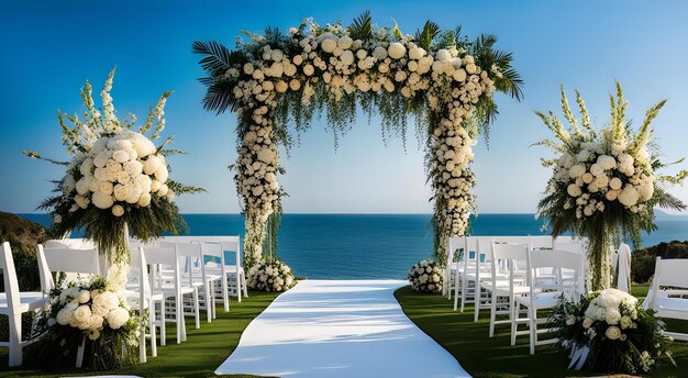 Wedding arch with white flowers on the background of the sea