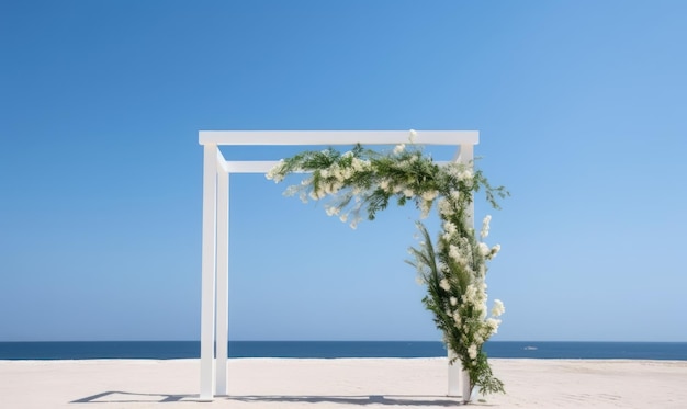 A wedding arch with white flowers on a beach.