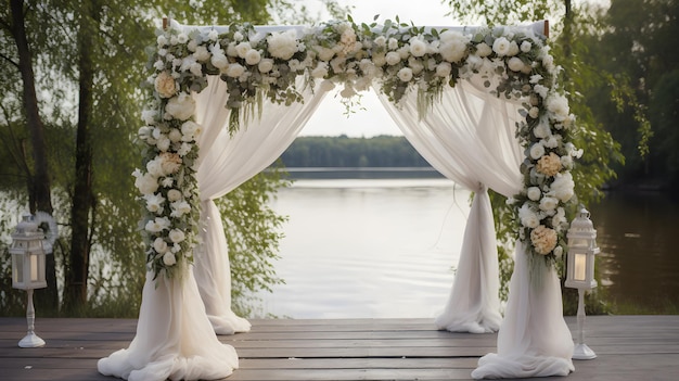 A wedding arch with white flowers and greenery on the top.