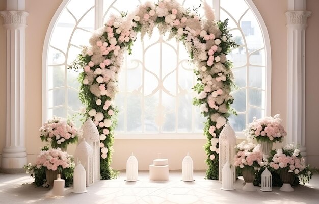 wedding arch with white and pink roses stands on a beige carpet