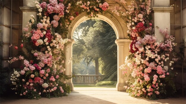 Свадебная арка, украшенная розовыми и белыми цветами в саду