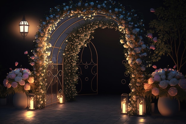 Wedding archway with flowers and lanterns Generative AI