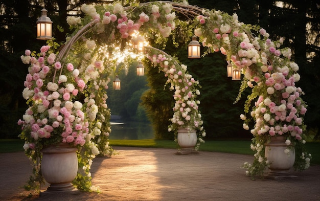 Photo wedding archway with flowers and lanterns