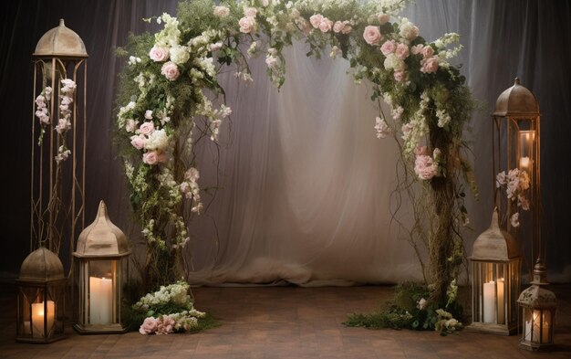 Wedding archway with flowers and lanterns