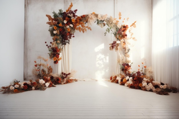 Wedding backdrop aesthetic flower decoration indoor minimalist studio background AI Generated