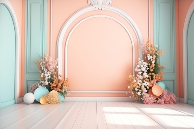 Wedding backdrop aesthetic flower decoration indoor studio pastel color background AI Generated