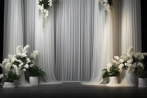 Wedding backdrop aesthetic flower decoration white cream indoor minimalist studio background