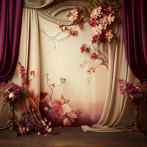 Wedding backdrop wallpaper and cakes