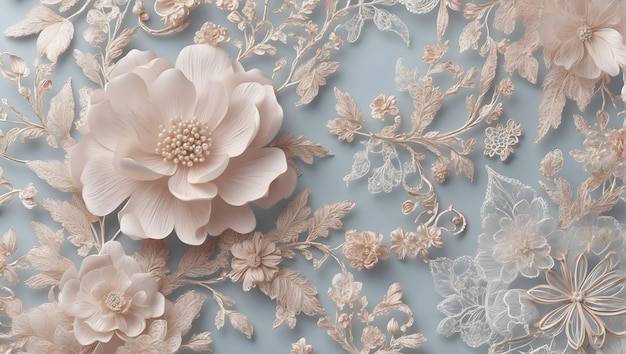 Wedding backdrop wallpaper fabric pattern with intricate lace and floral designs soft pastel color